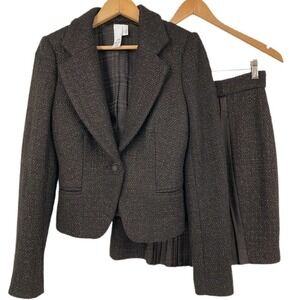 2B.Rych Skirt Suit 2 Piece Brown w/ Gold Metallic Threading Wool Tweed Pleated